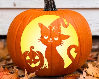 Cat with Cutout Ears Pumpkin Carving Stencil: Cute Kitty Jack-O-Lantern Template (PDF Pattern)