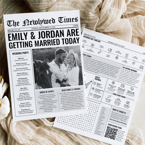 Newspaper Wedding Program Template, Editable Wedding Newspaper Program, Printable Wedding Infographic, Folded Wedding Day Program, WN17