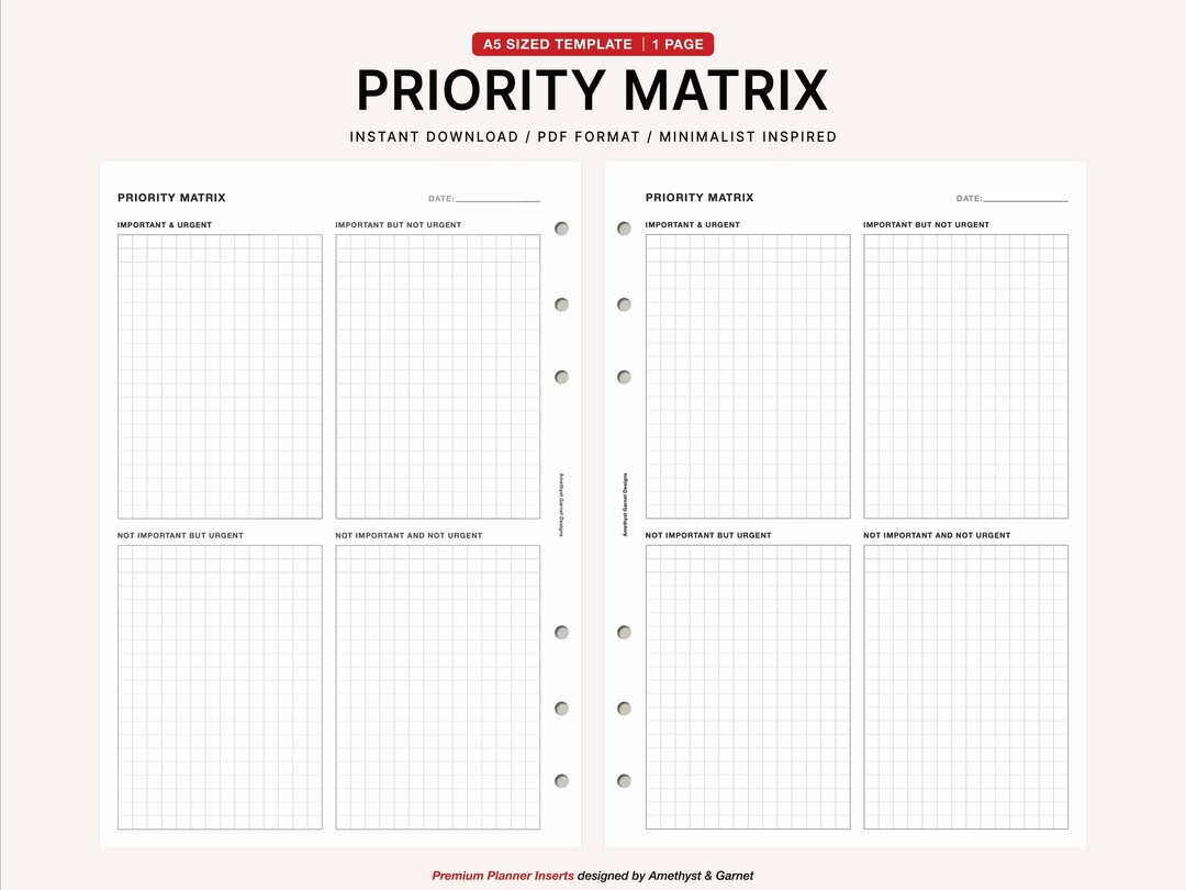A5 Productivity Priority Matrix | Printable Urgent Important Planner ...