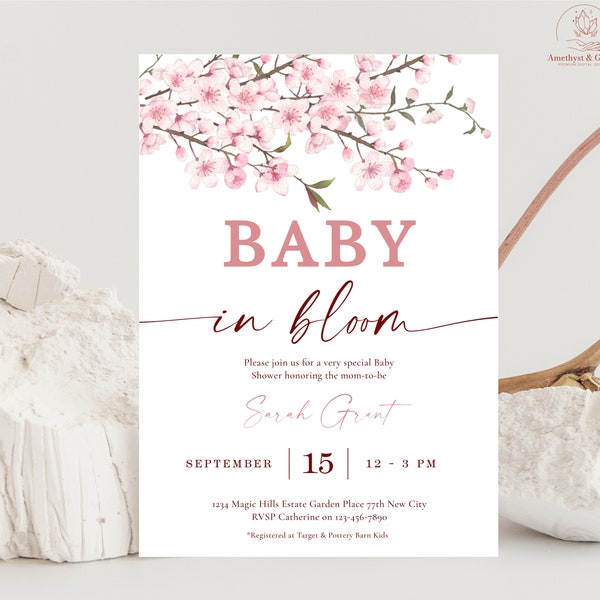 Spring baby shower invitation, editable sakura cherry blossom invite, japanese pink floral invite template, instant download, BAB051