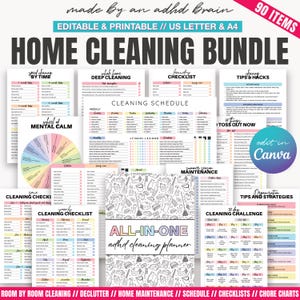 Ultimate ADHD cleaning planner bundle editable canva,Home cleaning schedule,Weekly,Monthly,Yearly Checklist,Declutter,Family Chore Chart PDF