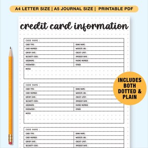 Suivi des informations de carte de crédit à imprimer et à remplir, carnet de carte de crédit, A4/A5/Lettre, téléchargement immédiat au format PDF