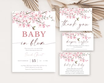 Baby in Bloom  Cherry Blossom Editable  Baby Shower Invitation Bundle, Spring Flowers Baby Shower Invite Pack, Baby Shower Invitation BAB051