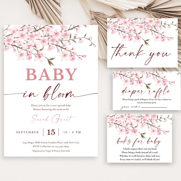 Baby in Bloom  Cherry Blossom Editable  Baby Shower Invitation Bundle, Spring Flowers Baby Shower Invite Pack, Baby Shower Invitation BAB051