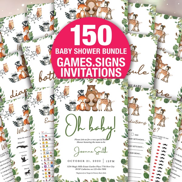 Woodland Forest Animals Baby Shower Games Bundle Woodland Animals Baby Shower Games Greenery Forest Baby Shower Game Printable BAB053