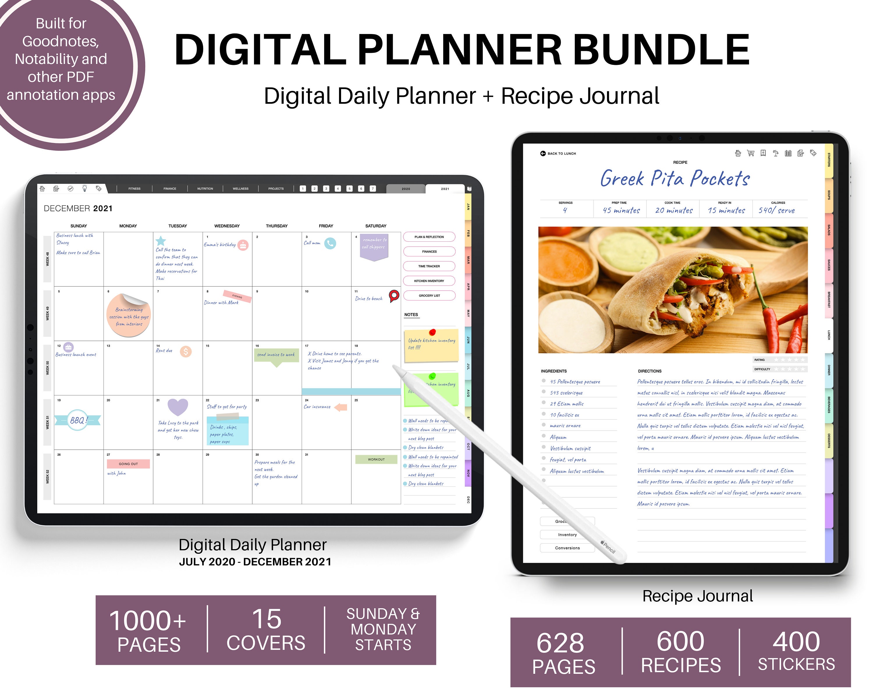 Dated Digital Planner,  goodnotes planner, ipad planner, Digital reci…