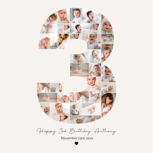 3rd Birthday Photo Collage Template, 3rd Birthday Photo Milestone Sign, Number 3, Editable 3rd Birthday Photo Poster Template, PC01