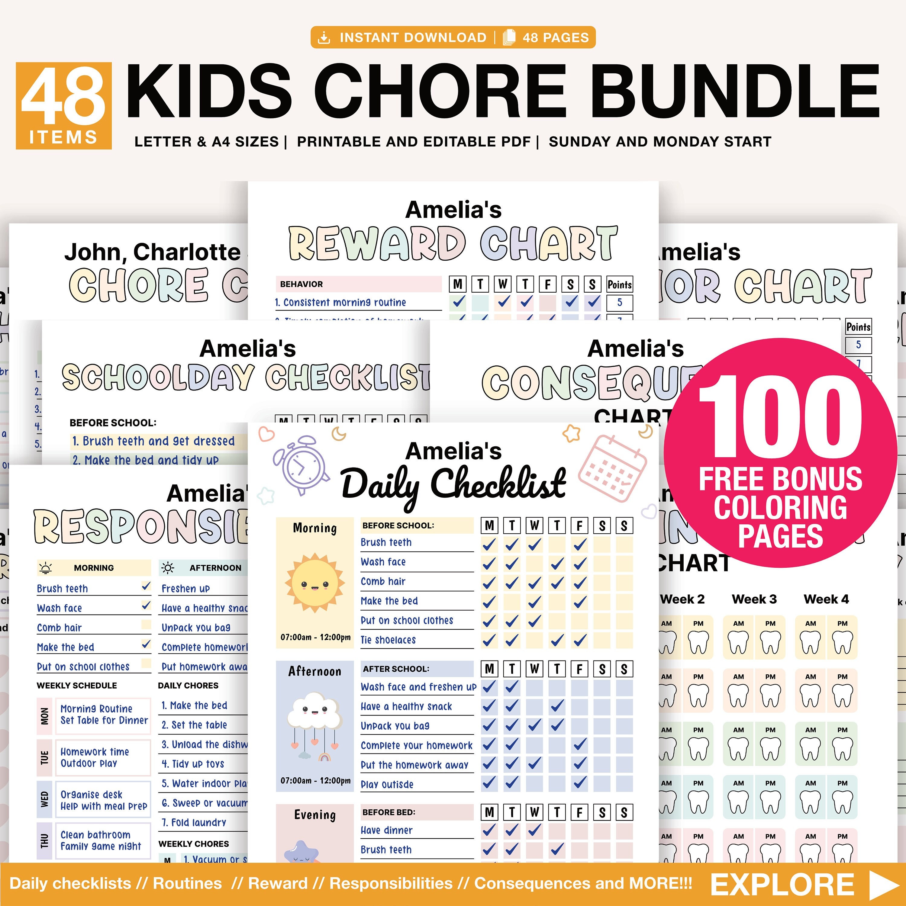 Editable Kids Chore Charts, Reward, Allowance, Screen time, School Routine, Behavior Chart, Consequences, Daily Checklist, Weekly Chores 5
