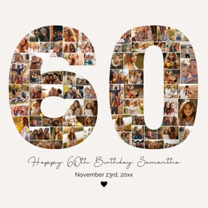 Modèle de collage photo 60e anniversaire, cadeau 60e anniversaire personnalisé pour femme, lui, maman, cadeau d'anniversaire grand-mère grand-père, cadeau de famille PC01