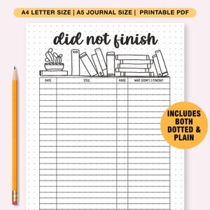 Did Not Finish Reading Tracker | A4 Journal Page | Printable Tracker | Book Tracker | Reading Tracker | DNF Tracker | DNF List | Reading Log