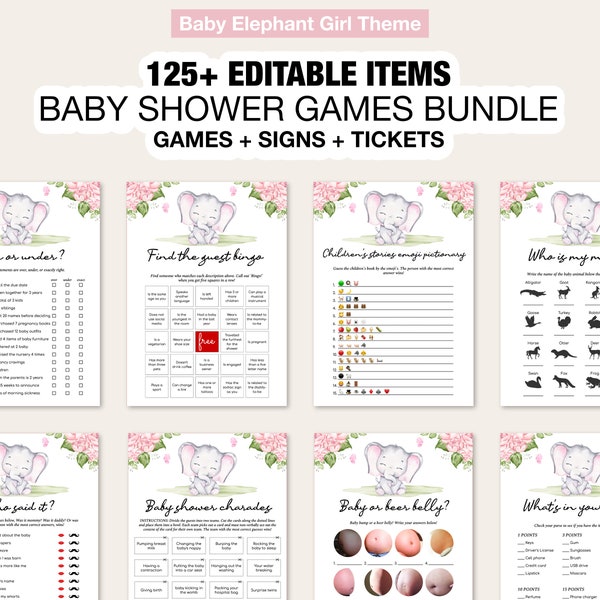 Elephant girl Baby Shower Games Printable Game Bundle pink Elephant girl Baby Shower Games blue Floral Activities Package Instant BAB021