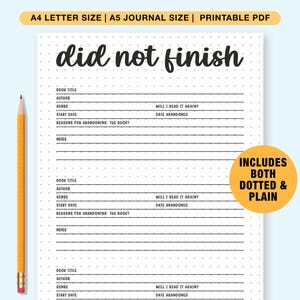 Did Not Finish Reading Tracker | A4 Journal Page | Printable Tracker | Book Tracker | Reading Tracker | DNF Tracker | DNF List Reading Log B