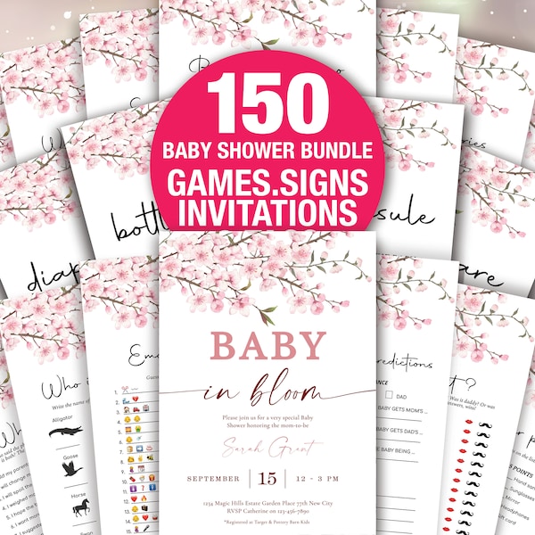 Editable Cherry Blossom Baby Shower Games Printable Pack, Pink White Baby Shower Games Package Girl, Cherry Blossom Games Bundle Set BAB051