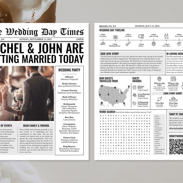 Newspaper Wedding Program Template, Editable Wedding Newspaper Program, Crossword, Printable Wedding Infographic, Folded Wedding Day Program