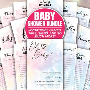 Rainbow watercolor splash Baby Shower Games Bundle Printable, Boho Baby Shower Games, Gender Neutral Editable Baby Party Game Cards BAB085