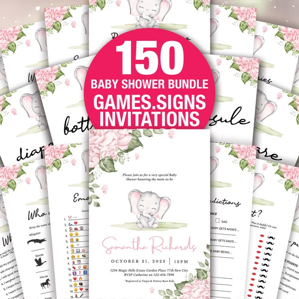 Elephant girl Baby Shower Games Printable Game Bundle pink Elephant girl Baby Shower Games blue Floral Activities Package Instant BAB021