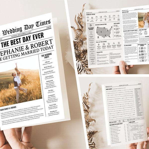 Newspaper Wedding Program Template, Editable Wedding Newspaper Program, Printable Wedding Infographic, Folded Wedding Day Program, WN003