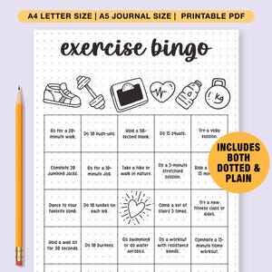 Página de juego de diario imprimible de bingo de ejercicios Rastreador de ejercicios Rastreador de actividad física Rastreador de ejercicios Diario de actividad física Juego de bingo de actividad física