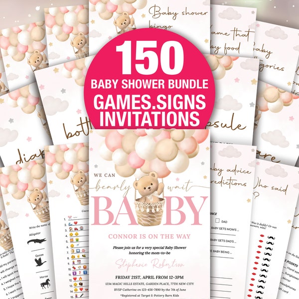 Teddy Bear Baby Shower Games, Girl Baby Shower Games Bundle, Pink Balloon Shower Games, Printable Baby Shower Games, Virtual Shower BAB097