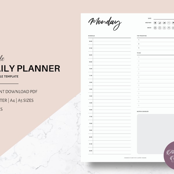 Daily Planner Printable, Business Planner, Work Planner, Weekly Planner Digital Download Planner Filofax A5 Insert Hourly Dated A4 US Letter
