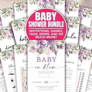 Purple floral lush Baby Shower Game Bundle, Oh Baby Tropical Baby Shower Games, plum lilac Baby Shower, Gender Neutral Games BAB014