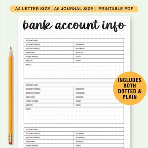 Bankkontoinformationen, Tracker für Bankinformationen, Bankinformationen, A4/A5 Letter, Sofort-Download PDF