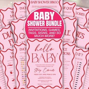 Retro Wavy Border Baby Shower Mega Bundle, Retro Wave, Invitation Welcome Sign Games, Predictions Advice Diaper Books Editable BAB108