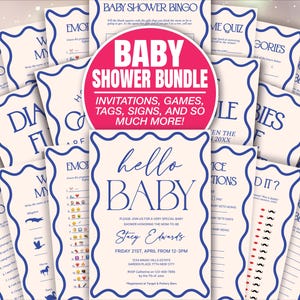 Retro Blue Wavy Border Baby Shower Mega Bundle, Retro Wave, Invitation Welcome Sign Games, Predictions Advice Diaper Books Editable BAB108b