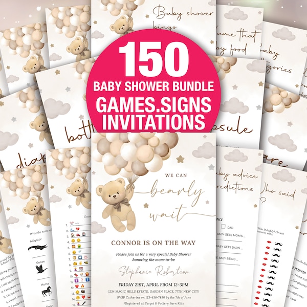 Teddy Bear Baby Shower Games,Boy Baby Shower Game Bundle,Bear Themed Bingo Emoji The price is right Instant Download Digital template BAB098