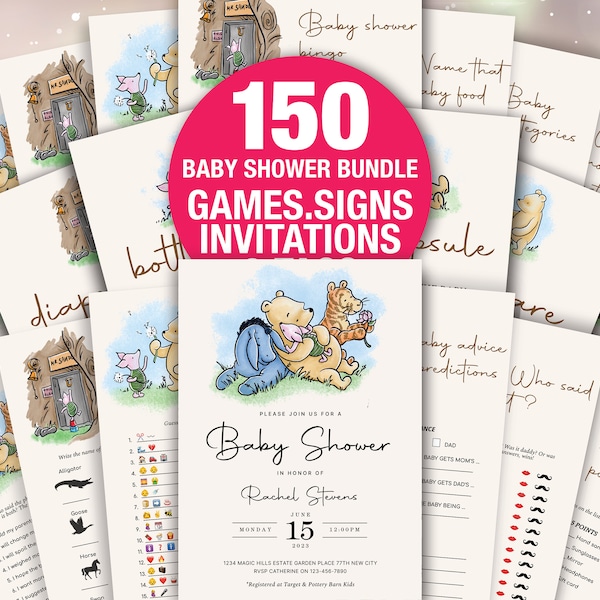150 Classic Winnie the Pooh Baby Shower Games Bundle Vintage Gender Neutral Bingo Printable Card Vintage Winnie Bear Digital Game