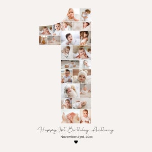 Alles Gute zum 1. Geburtstag Fotocollage Vorlage, Fotocollage zum 1. Geburtstag Nummer, Fotocollage zum 1. Geburtstag, Canva, Nummer Eins Collage Mädchen Junge PC01