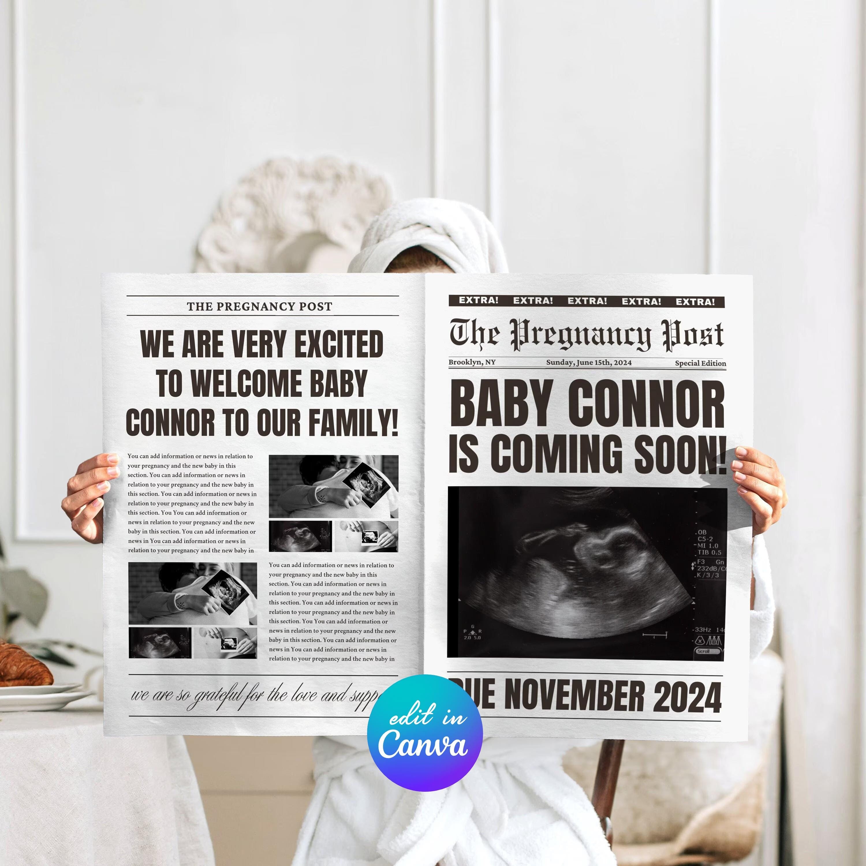 Newspaper pregnancy announcement Canva, Large newspaper baby announcement, Pregnancy announcement newspaper, Newspaper baby shower BNP01 4