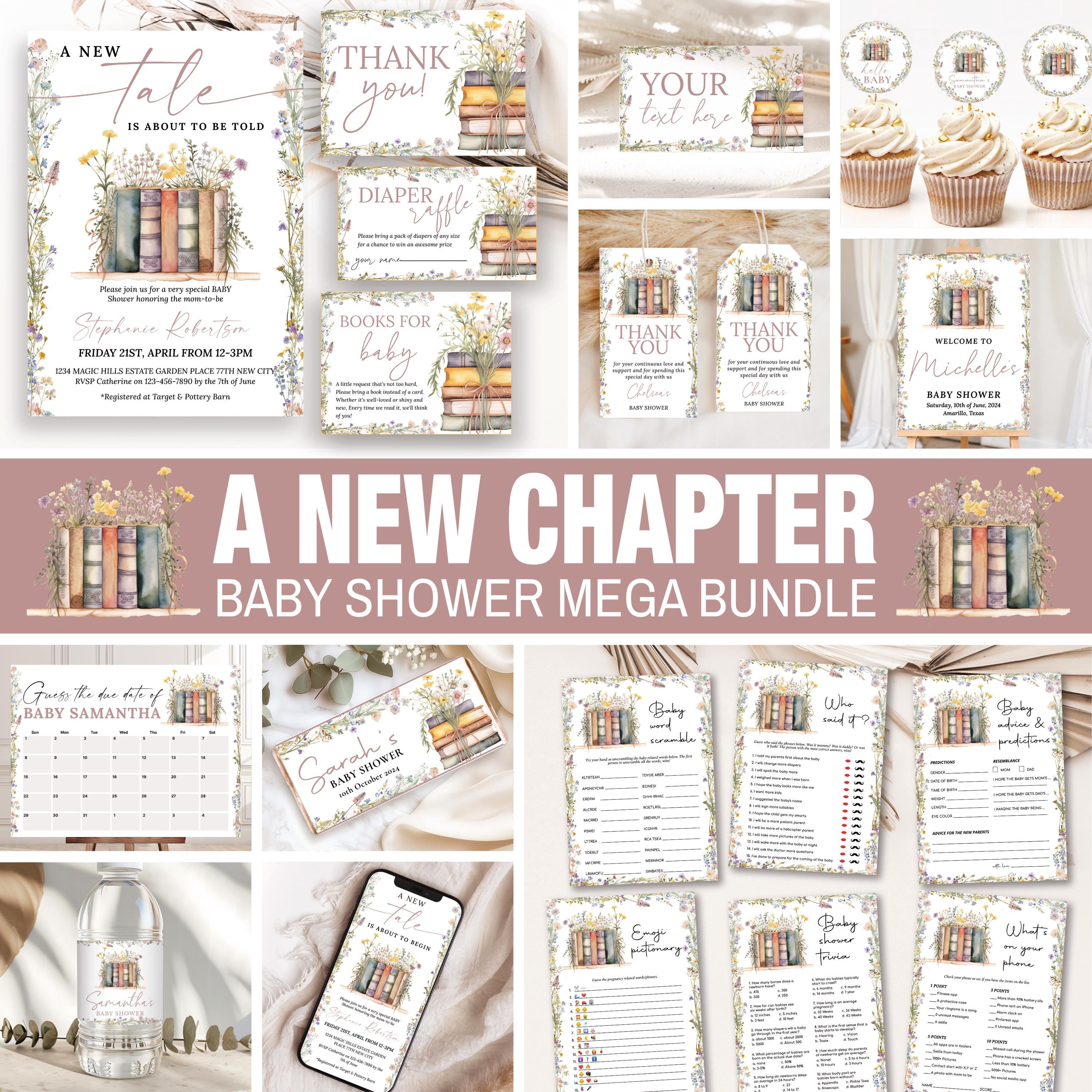 Storybook New Chapter Begins Baby Shower Bundle,  Baby Shower, Book themed Baby Shower, Storybook Baby Shower Decor New Tale Shower Games