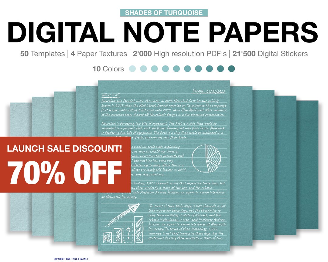 Typex Paper Notes Turquoise Digital Notepaper Templates Notetaking, Digital Notebook ...