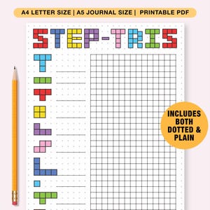 Step-Tris maandelijkse stappentracker afdrukbaar, A5 Bullett-journaalpagina, dagelijkse stappenuitdaging, bewegingsgrafiek fitnessoefening, wielgewoonten, stappen