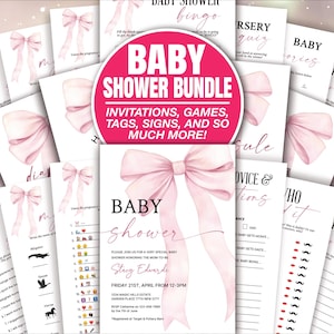 PINK Bow Baby Girl Shower Invitation games Bundle Printable Pink Bow Invitation and Editable Games, Pink Coquette Bow Baby Shower Decoration