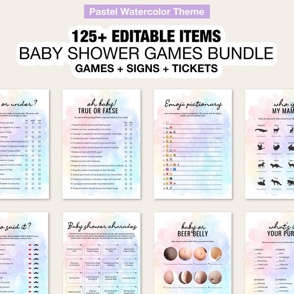 Rainbow watercolor splash Baby Shower Games Bundle Printable, Boho Baby Shower Games, Gender Neutral Editable Baby Party Game Cards BAB085