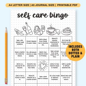 Jogo de cartas de bingo de autocuidado para impressão, bingo de saúde mental, página de diário de autocuidado, jogos de terapia, rastreador de bem-estar, modelo BuJo editável
