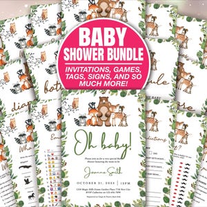 Woodland Forest Animals Baby Shower Games Bundle Woodland Animals Baby Shower Games Greenery Forest Baby Shower Game Printable BAB053