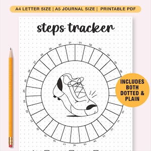 Maandelijkse maandelijkse stappentracker afdrukbaar, A5 Bullett-journaalpagina, dagelijkse stappenuitdaging, bewegingsgrafiek fitnessoefening, wielgewoonten a4, stappen