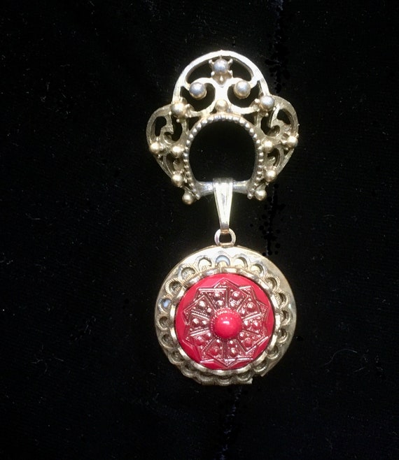 Coro Locket Brooch MidCentury Red and Gold Stamped