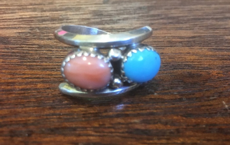 Sterling Silver Bypass Ring by Navajo Silversmith Richard Begay Size 7 Turquoise and Coral