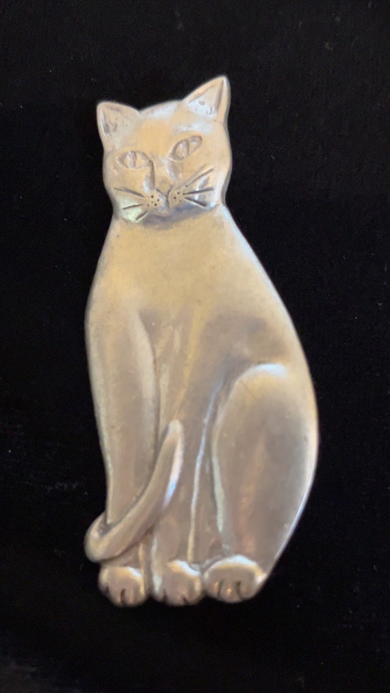 Contented Cat Pewter Brooch Signed