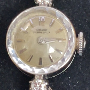 1940s 14K Solid White Gold Elgin Ladies Watch with Two Genuine Diamonds Designed by Girard Perrigeaux