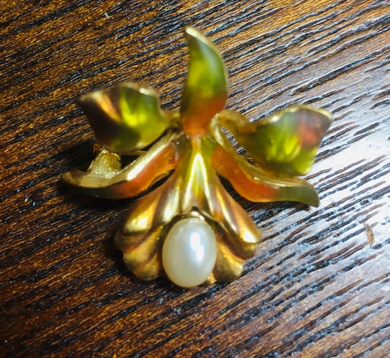 Joan Rivers Orchid Brooch/Pin Enameled Simulated … - image 1