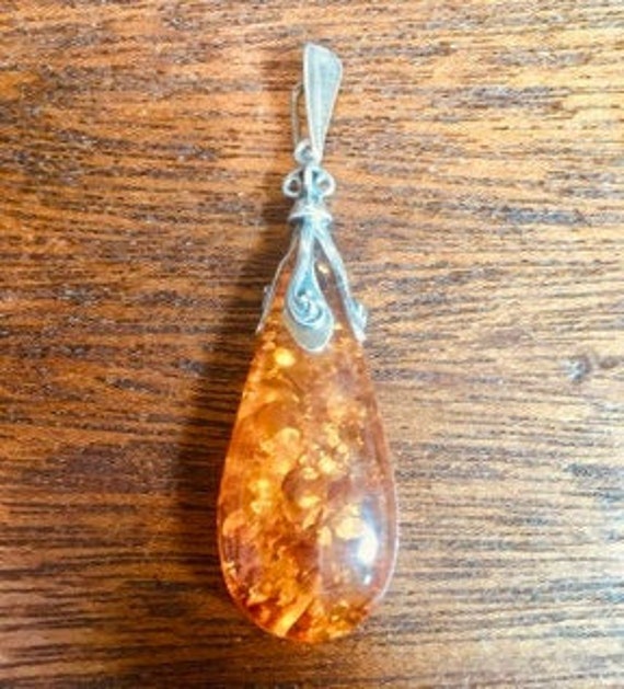 Genuine Amber Pendant Teardrop Silver - image 1