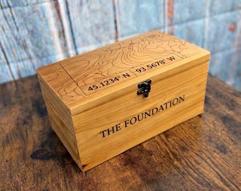 Custom Coordinates Wooden Box – Engraved Map Keepsake, Legacy Memory Box