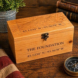 May include: A wooden box with a map design on the lid and the text "THE FOUNDATION" on the front. The box has a metal clasp and coordinates 45.1234° N | 93.5678° W. A compass and a small plant are also visible.