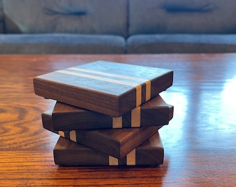 Handcrafted Hardwood Coasters Set: Maple, Walnut & Cherry - Set of 4