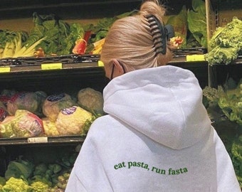 Eat Pasta Run Fasta Hoodie // Wavy Quote Pullover // Funny Pasta Quote Sweater // Green Pinterest Aesthetic Wavy Letters Trendy Gift